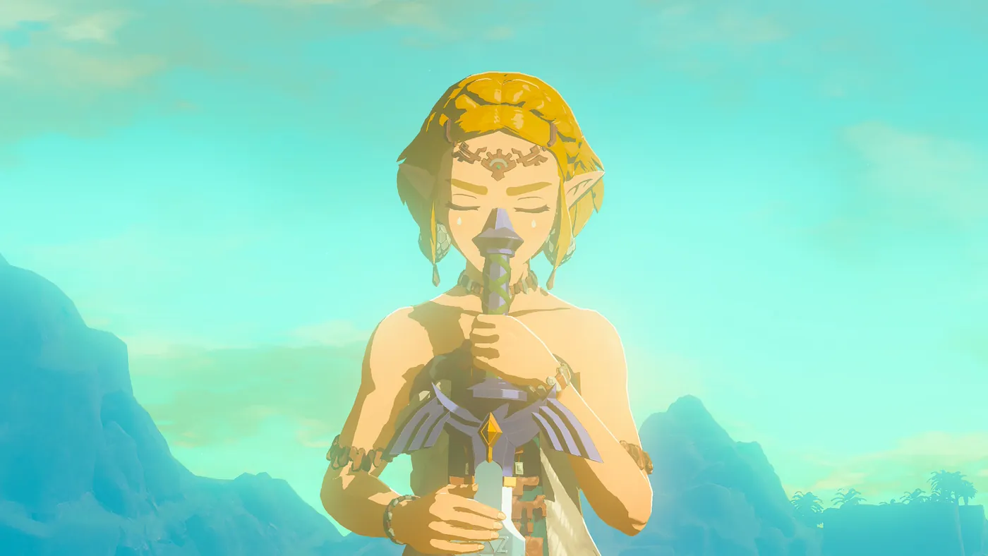 Princess Zelda holding the Master Sword in Tears of the Kingdom